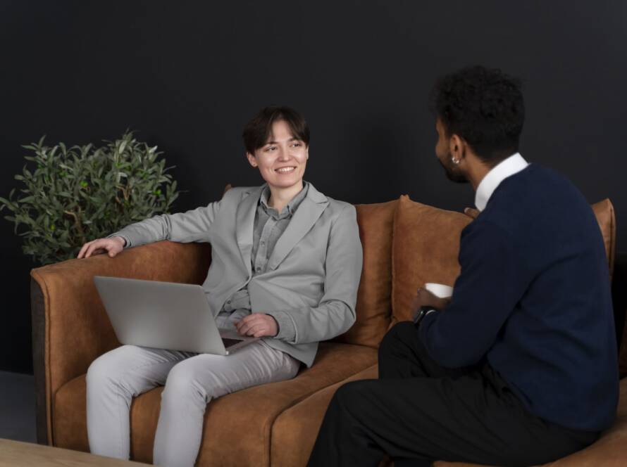 Therapist using trust-building strategies in marketing therapy services consultation.